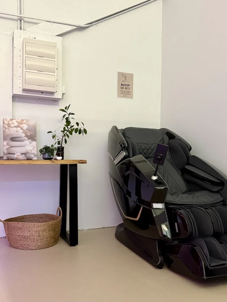 massage chair recovery zone inside om pilates Southport studio – relax and unwind after pilates
