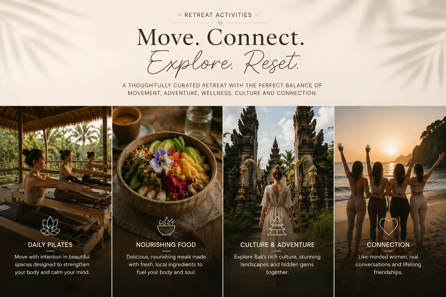 om pilates Bali retreat activities including Pilates, wellness, culture and connection