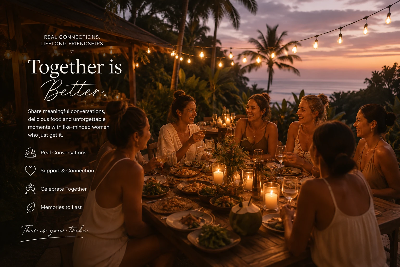 Women enjoying a sunset dinner together during the om pilates Bali retreat with ocean views and tropical surroundings.