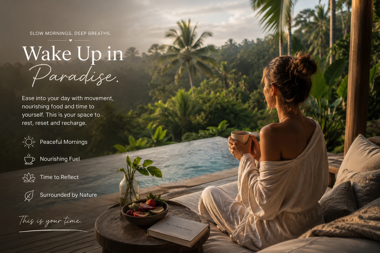 Peaceful Bali retreat morning overlooking jungle and pool with om pilates