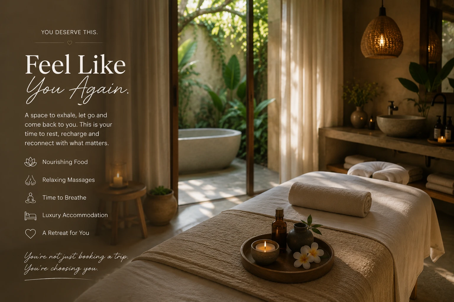 Luxury Bali wellness retreat spa room with calming tropical interiors and massage setup for deep rest and relaxation.